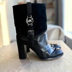 MICHAEL Michael Kors Collection Leather Suede Boots Black 8M MK Logo Block Heel